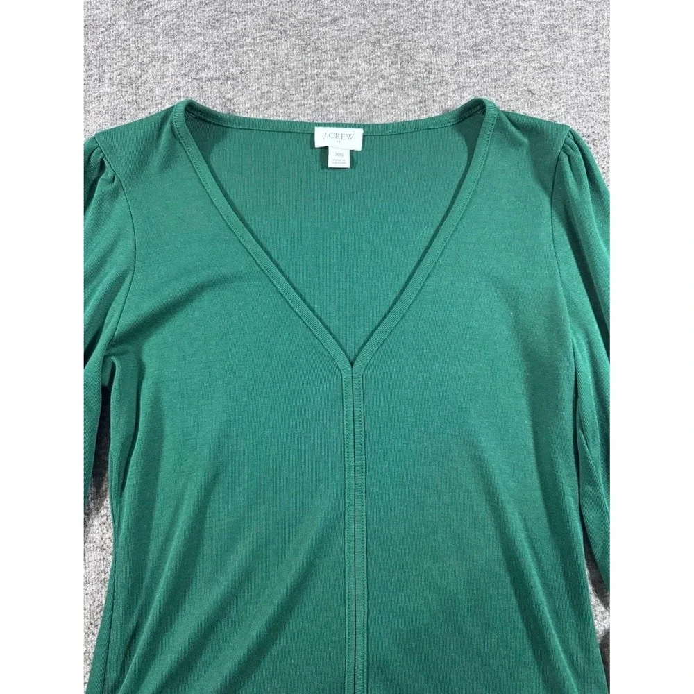 J. Crew Womens XS Green Ribbed V-Neck Puff Sleeve Long Sleeve Top Blouse